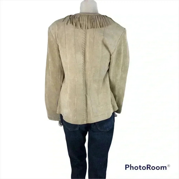 Pamela McCoy Collection Size M Oatmeal Beige Suede 100% Leather Jacket Fringe - Picture 4 of 8